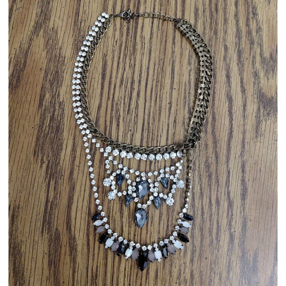 2010's Statement Bib Necklace Gold Tone Rhinestone Teardrop 13"